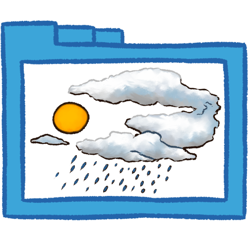 A hollow blue folder with thick lineart. Inside of it are several white, gray, and blue clouds and a yellow-orange sun. There is rain underneath the clouds done in black and dark blue.